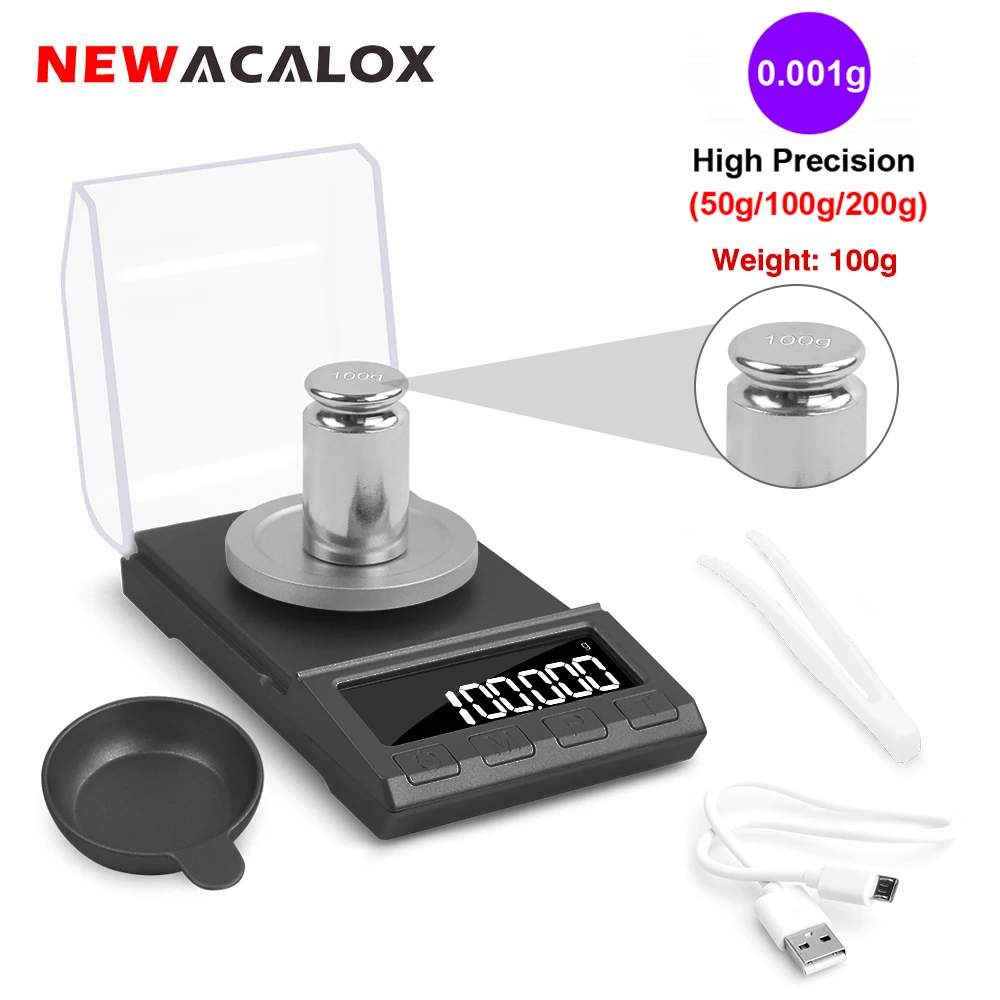 NEWACALOX Digital Milligram Jewelry Scale 0.001g Precision Electronic Scales 200g/100g/50g Portable Lab Reload Powder Scales