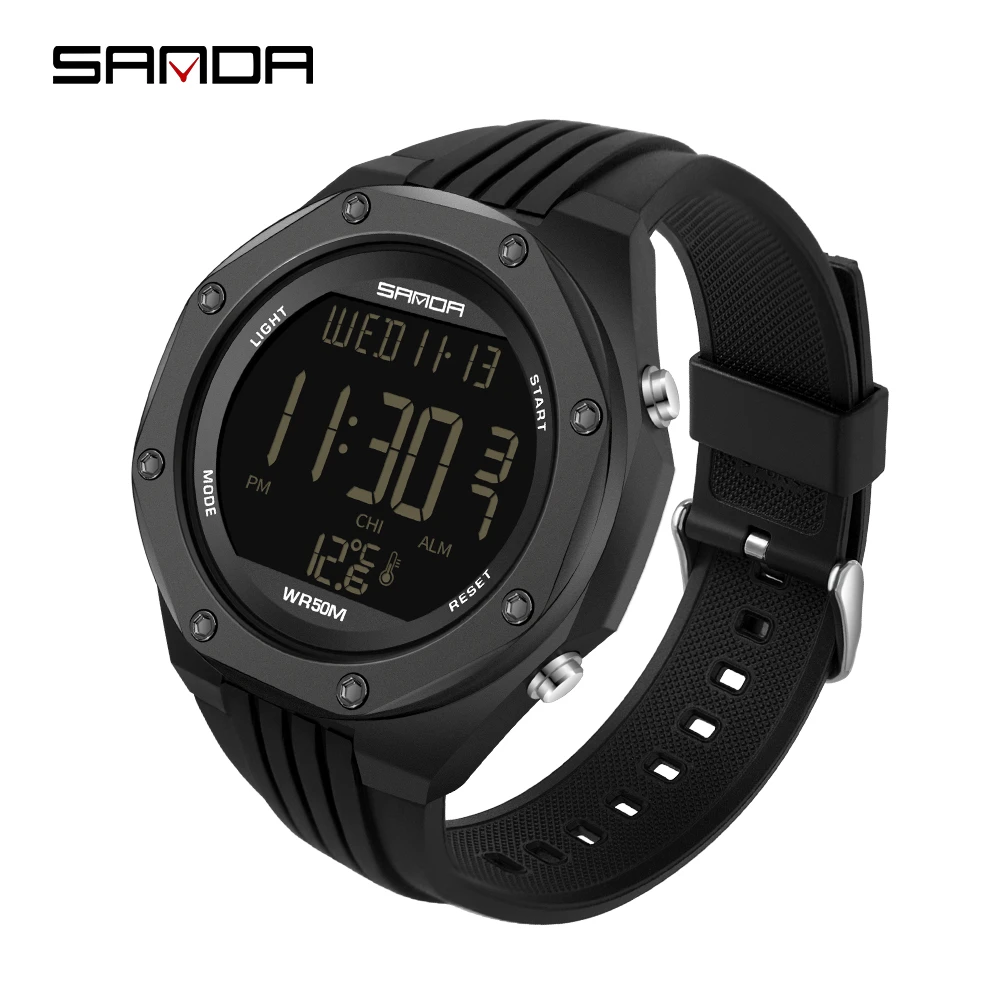SANDA NEW Fashion Military Men's Watches Body Temperature Monitor 50M Waterproof Sports Watch LED Electronic Wristwatches  6028