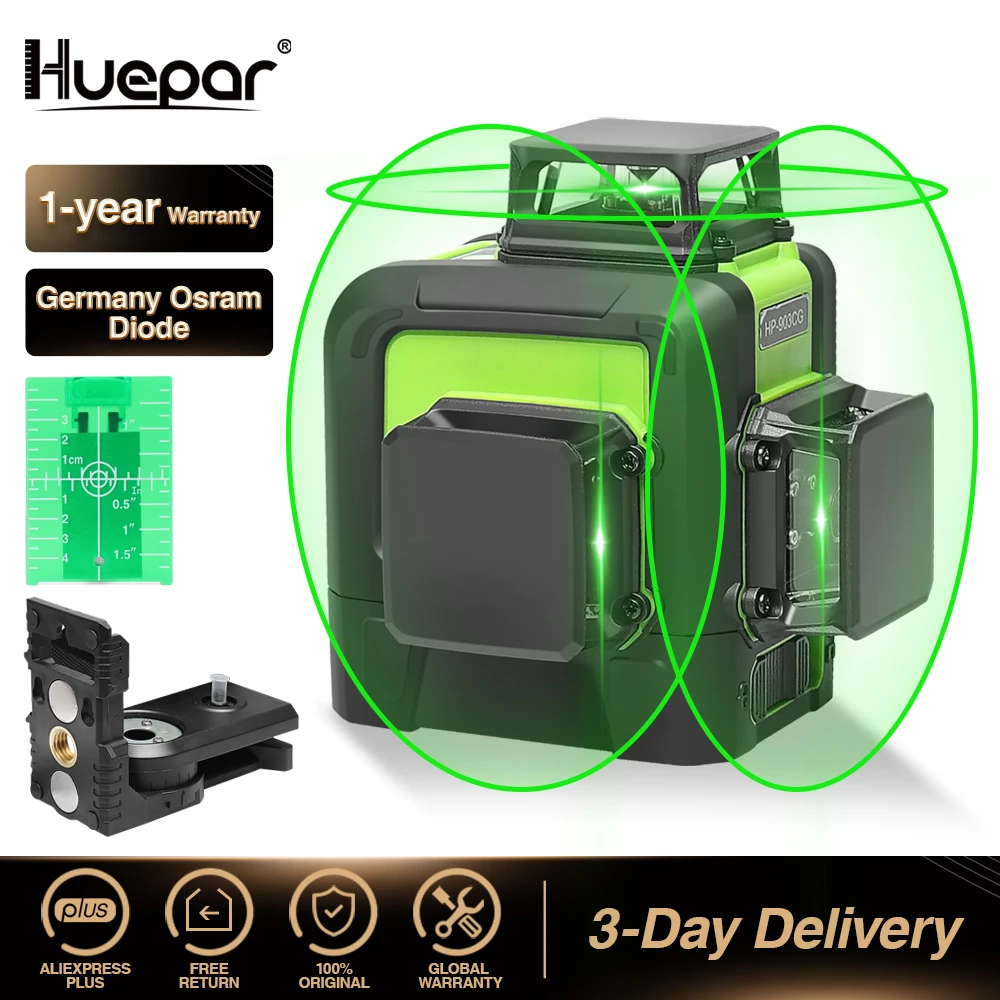 Huepar 12 Lines 3D Cross Line Laser Level Green Laser Beam Line Self-Leveling 360 Vertical & Horizontal Cross Super Powerful