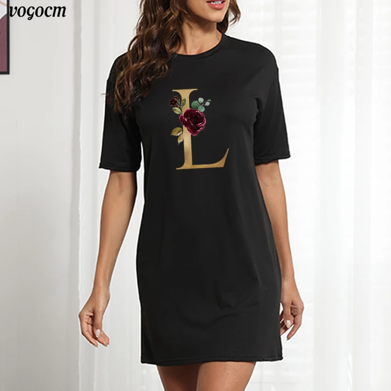 Women Mini Dress Alphabet Flower Loose Casual Fashion Robes Mujer Tshirt Dress Short Sleeve Harajuku Summer Clothes Vestidos