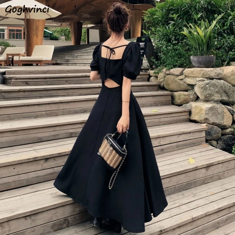 Dress Womens Chic Vintage Black High Waist Square Collar Puff Sleeve Bow A-line Classy Retro Elegant French Female Clothing New