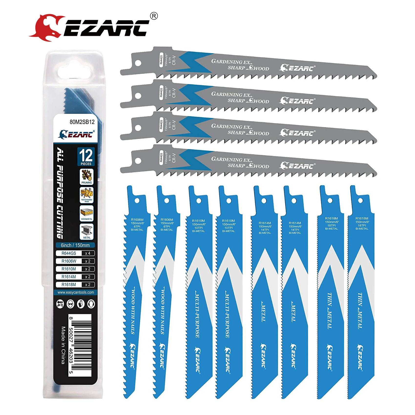 EZARC 12pcs Reciprocating Saw Blades 6 Inch, Bi-Metal Demolition Sabre Saw Blade Set for Metal and Wood Cutting (12 Pack)