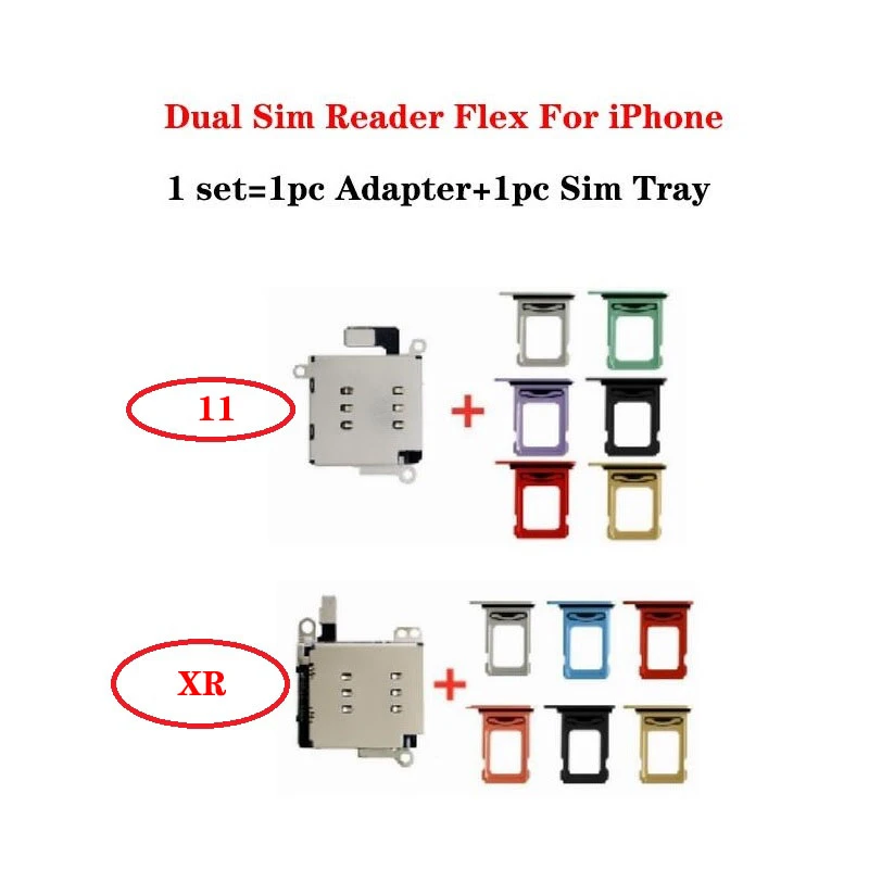 ZONBEMA 1set Replacement For iPhone 11 XR Dual SIM Card Reader Flex Cable +SIM Card tray Holder Slot Adapter