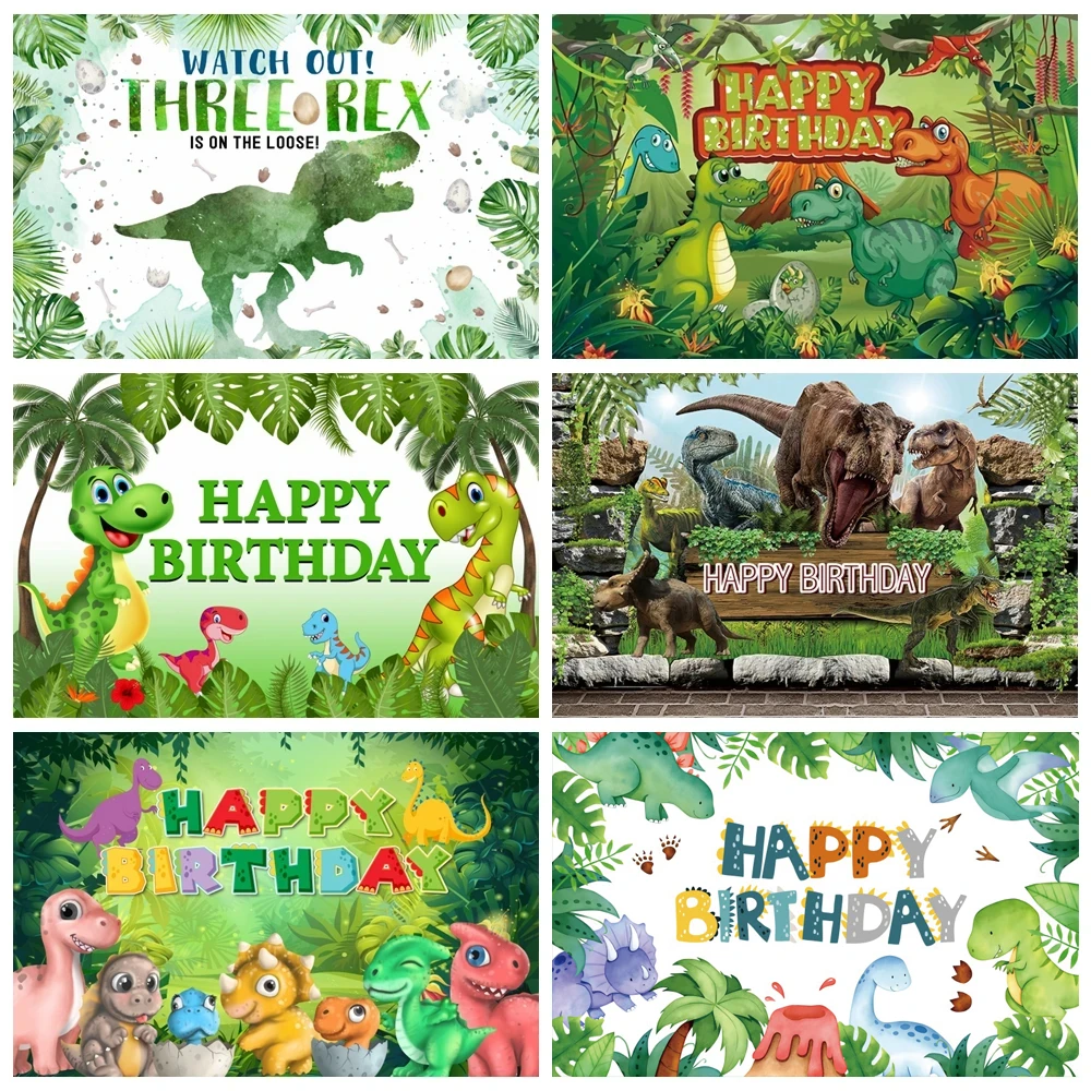 Laeacco Dinosaur Birthday Party Photography Backdrop Jungle Tropical Palms Trees Leaves Poster Kid Photo Background Photo Studio