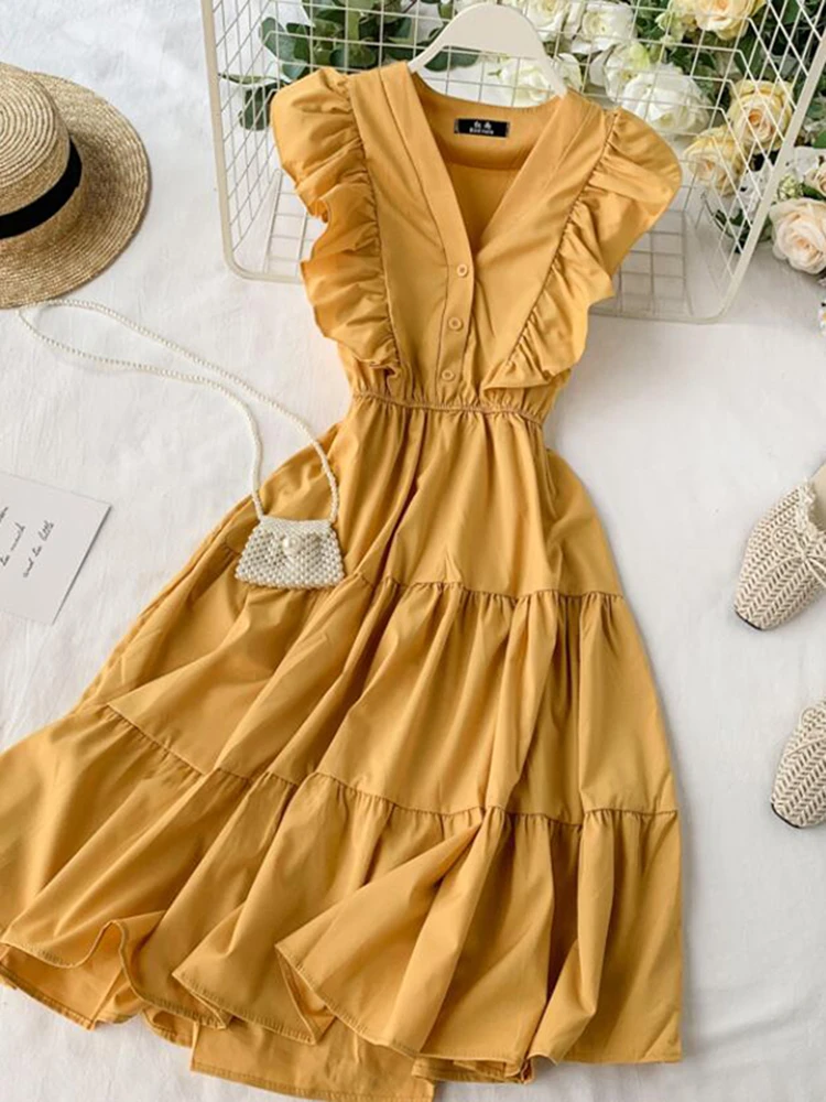 2020 V Neck Ruffles Summer Dress Party Tank Sundress Women Casual A-Line Beach Holiday Dresses Elegant Knee-Length Vestidos