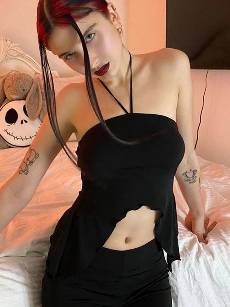 ArtSu Irregular Sexy Crop Tops Black Summer Women Fashion 2021 Streetwear Club Halter Neck Camis Top Off Shoulder Vest Cami