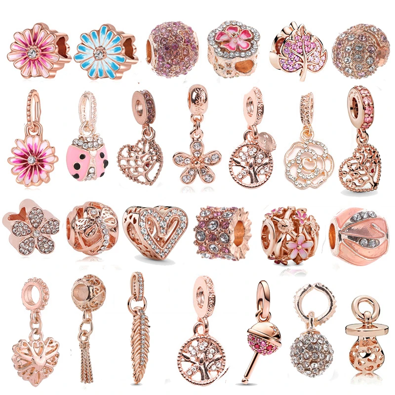 Boosbiy 2pc Rose Gold Color New Glamour Crystal Daisy Flowers & Leaves Charms Beads Fit Brand Bracelets Necklaces DIY Jewelry