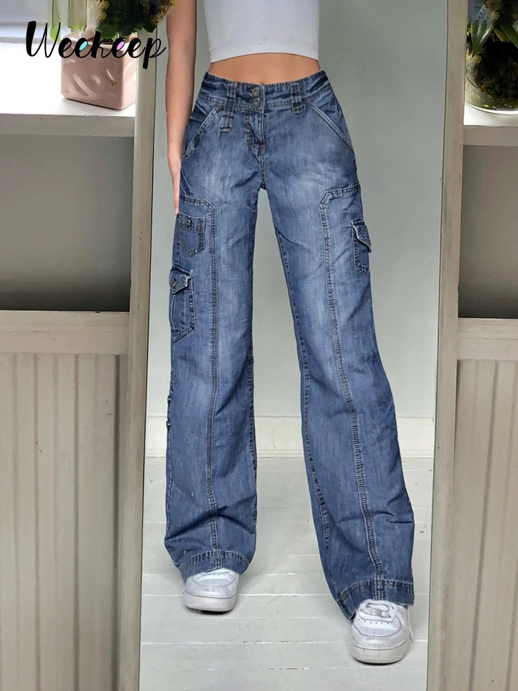 Weekeep Streetwear Women High Waist Y2k Jeans Wide Leg Pocket Patchwork Baggy Cargo Pants Oversize Casual Vintage Denim Trousers