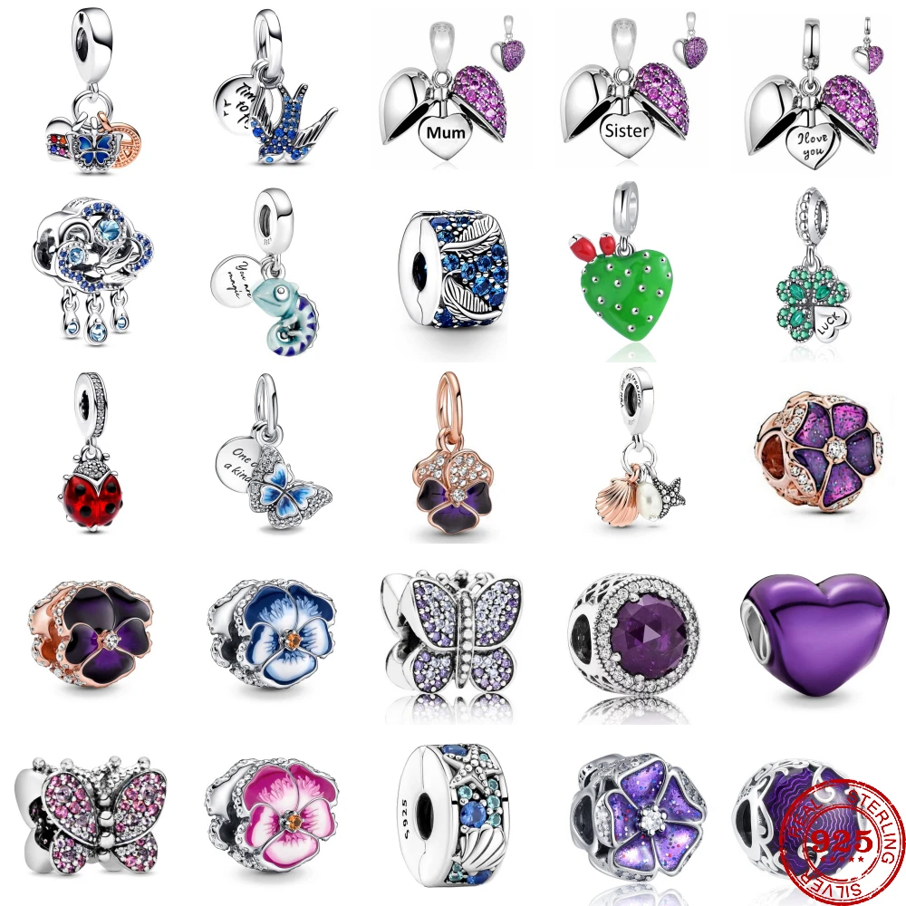 New 925 Sterling Silver Purple Sister Mum Nan Dangle Butterfly Love Beads Fit Original Pandora Bracelet Charms Jewelry Genuine