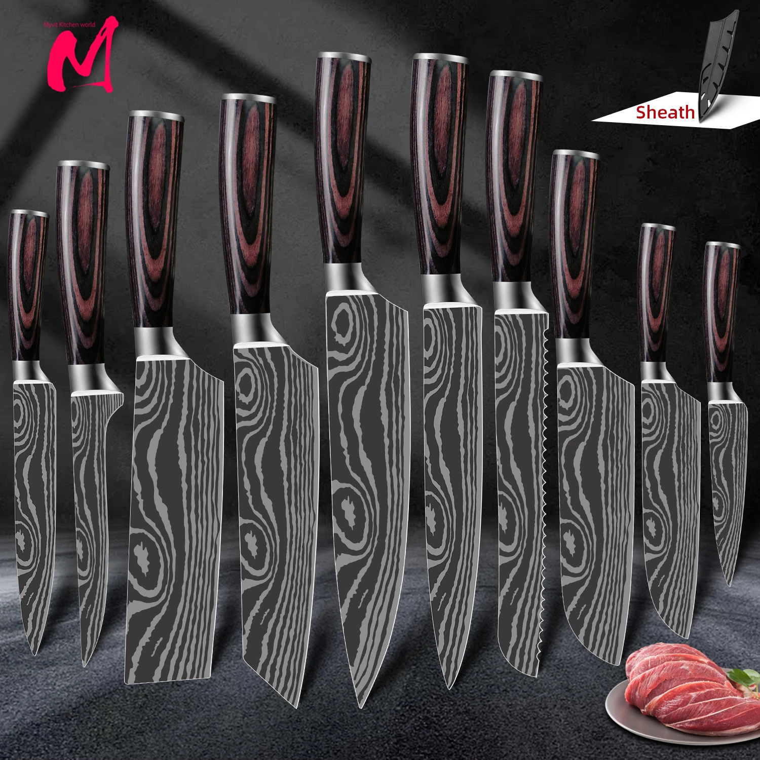 kitchen knives 1-9pcs 7CR17 High Carbon Stainless Steel Damascus Drawing Gyuto Cleaver Set Slicer Santoku Knife Chef knife