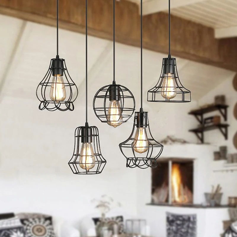 Retro loft industrial iron cage pendant lights E27 110V 220V LED black lamps for kitchen living room bedroom aisle restaurant