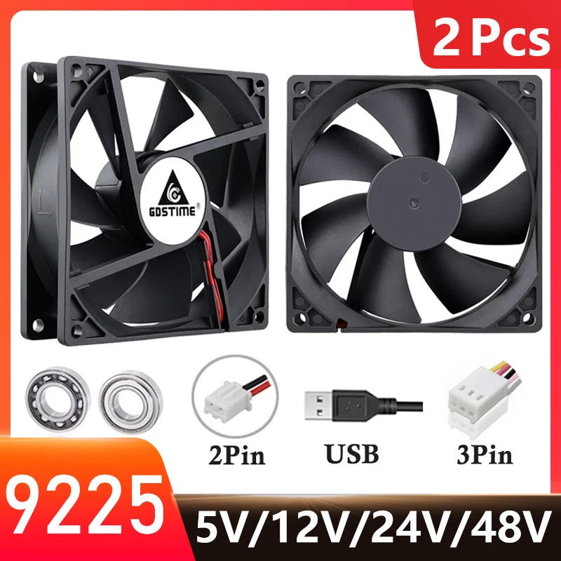 2PCS Gdstime 92mm 9225 Computer Case Cooling Fan 92x92x25mm DC 5V 12V 24V 48V 2PIN 3PIN USB Brushelss PC CPU Cooler Fan 90mm 9cm