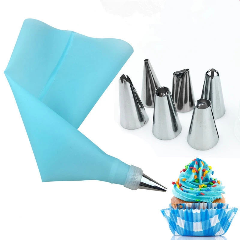 8 PCS/Set Silicone Kitchen Accessories Icing Piping Cream Pastry Bag + 6 Stainless Steel Nozzle Set DIY Cake Decorating Tips Set