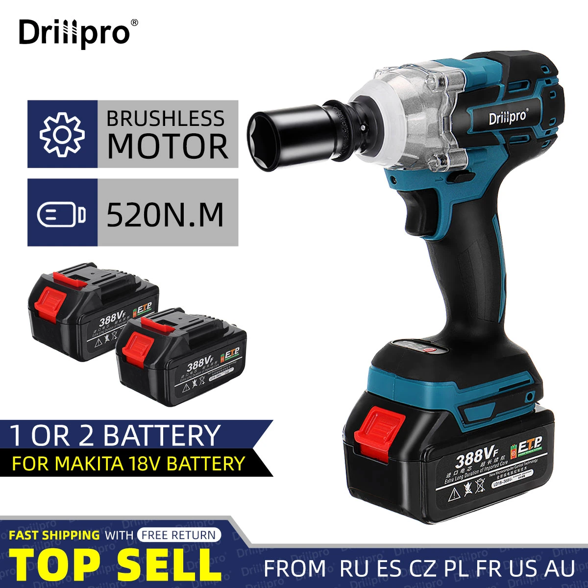 Drillpro 388VF Brushless Cordless Electric Impact Wrench Power Tools 3000mAh Battery +Sleeve Adapt to Makita 18V battery