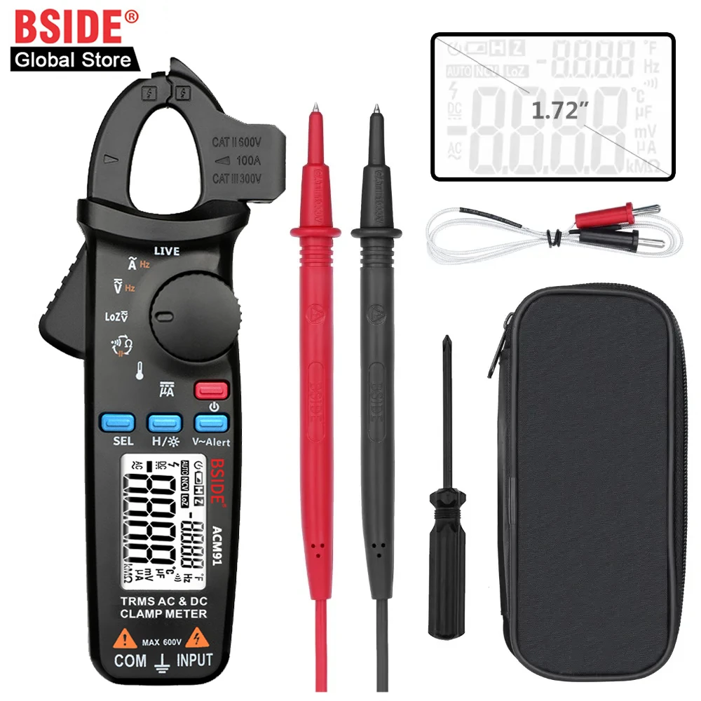 BSIDE ACM91 Digital Clamp Meter AC/DC Current 1mA True RMS Auto Range Live Check NCV Temp Frequency Capacitor Tester Multimeter