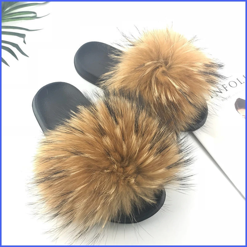 Women Fur Slides Summer Shoes Home Woman Luxury Furry Slippers Indoor Female Sandals Fluffy Cute Raccoon 2019 New Plus Size