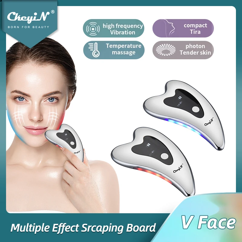 CkeyiN Heated Vibrating Facial Massager Electric Gua Sha Board Red Blue Light Therapy Scraping Plate Face Lifting Slimming 48