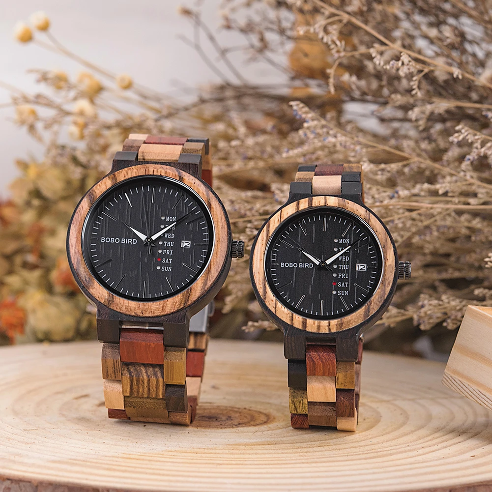 BOBO BIRD Couple watch Luxury Brand Wood Timepieces Week Date Display Quartz Watches for Men Women Great Gift Dropshipping OEM
