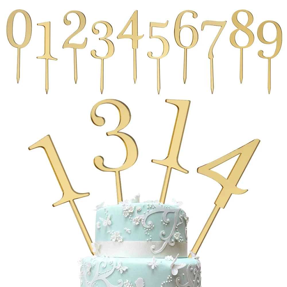 0~9 Numbers Acrylic Cake Topper Gold Mirror Birthday Cupcake Topper For Kids Birthday Wedding Anniversary Party Cake Decorations