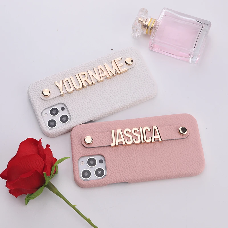 Holding Strap Personalization Custom Metal Name Leather Mobile Phone Case Cover For iPhone 12 11 13Pro Max Mini XR X 7 8Plus X