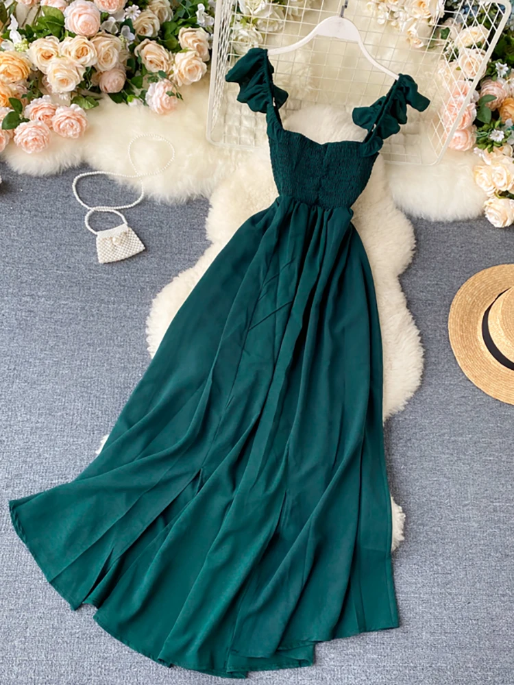 2020 High Waist Slash Neck Women Long Dress Elegant Big Swing A-line Vestidos Verano Vintage Green/Red Party Dress For Female