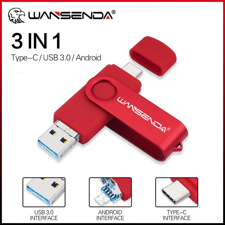 WANSENDA USB Flash Drive OTG 3 IN 1 USB 3.0 & Type C & Micro USB Pen Drive 512GB 256GB 128GB 64GB 32GB Pendrive Flash Drive