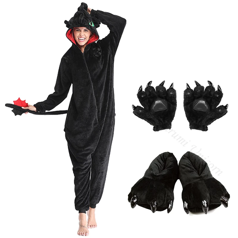 Dinosaur Kigurumi Unicorn Black Onesie Adult Unisex Winter Pajama Anime Train Your Fury Sleepwear Zipper Suit Toothless Dragon