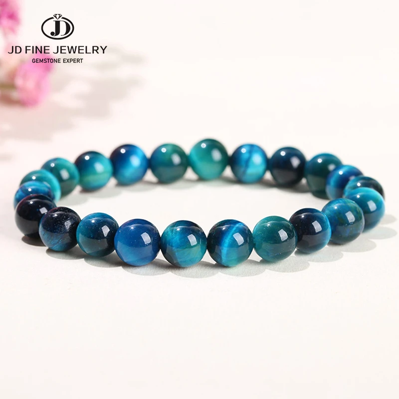 JD High Quality Blue Tiger Eye Buddha Bracelets Natural Stone Round Beads Elasticity Rope Men Women Bracelet