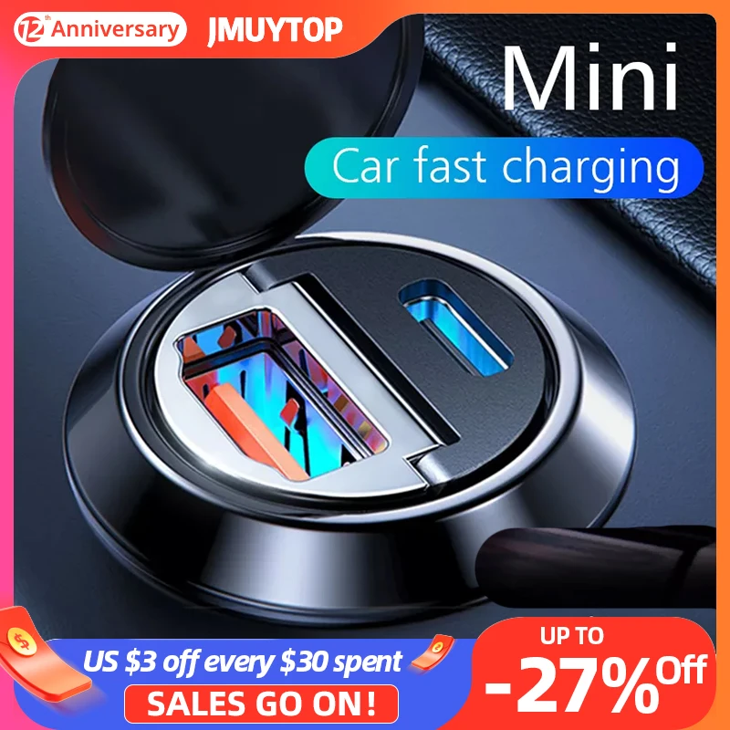 30W PD Car Charger Dual USB Type C Mobile Phone Charger Metal Car Charging QC3 4.0 Quick Charge For iPhone Samsung Huawei Xiaomi