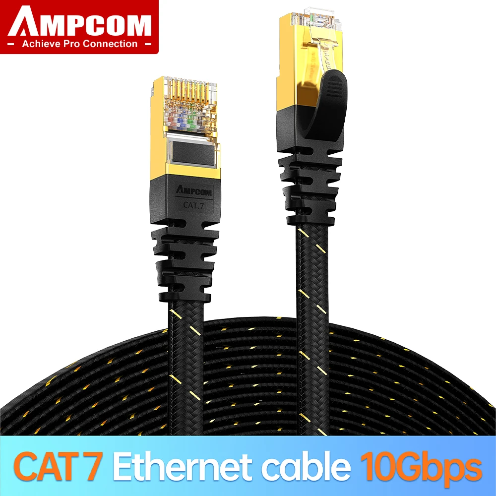 AMPCOM CAT7 Ethernet Cable (10G 600MHz), Shielded Flat RJ45 Network Patch Cord, 50u Gold Plated Lead, Polyester Braided