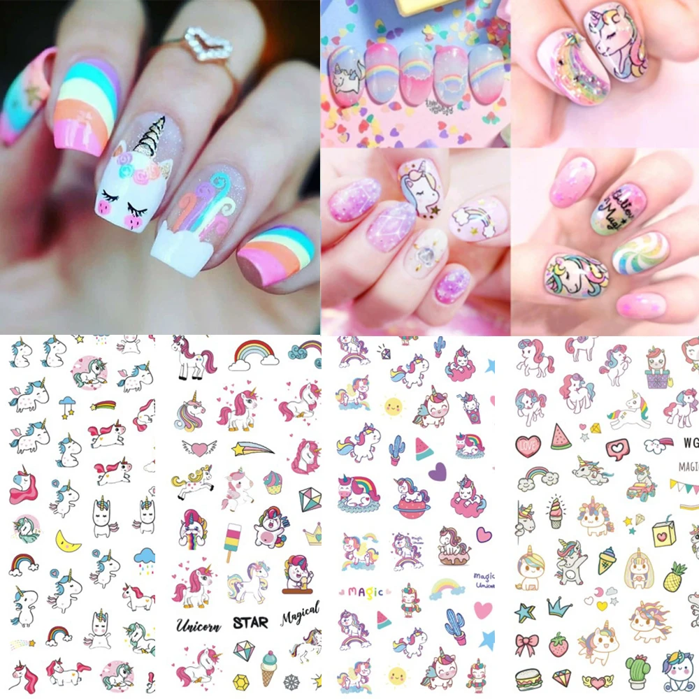 1 Pcs Nail Art Stickers Christmas Cartoon Unicorn Rabbit Dolphin Design Adhesive Nail Art Decoration Flower Heart Nail Decals