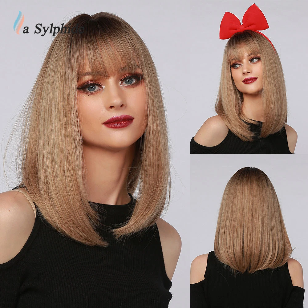 La Sylphide Synthetic Wig Long Straight Root Dark Brown Ombre Brown Bob Inner Buckle with Bangs for Woman Wigs Daily Use Party