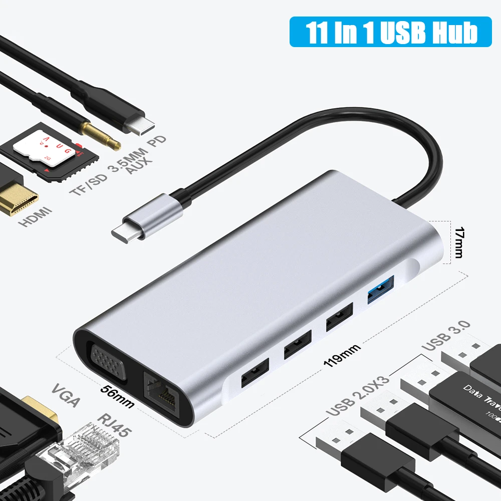11 in 1 USB C HUB Type C Adapter to 4K HDMI VGA RJ45 Lan Ethernet SD/TF Hub 3.5MM AUX 11 Port Dock Station PC Laptop Splitter