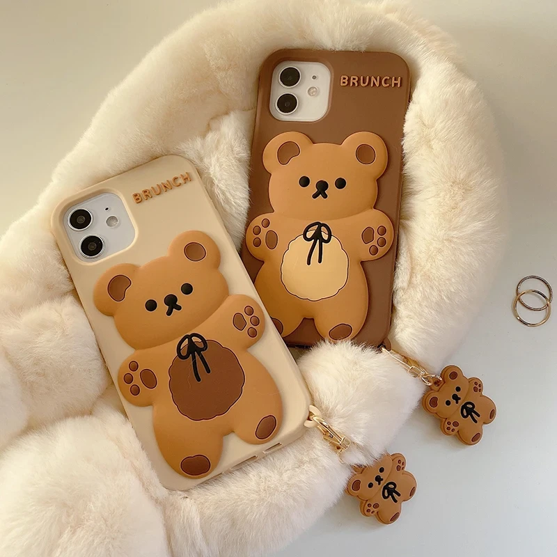 Cartoon Cute 3D Bear + Doll Pendant High Quality Silicone Cover for Iphone 13 12Mini 11Pro MAX XS XR 7 8plus SE2020 Phone Case