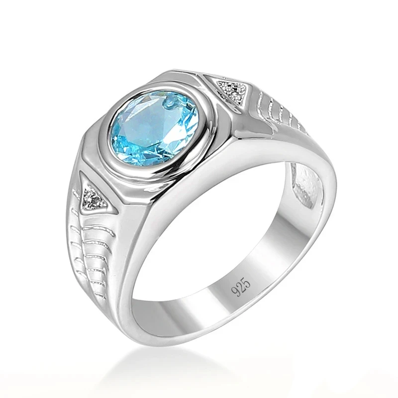 Men Aquamarine Gemstones Blue Zircon Rings for Men Vintage Luxury 925 Sterling Silver Wedding Jewelry Bijoux Bague for Gifts