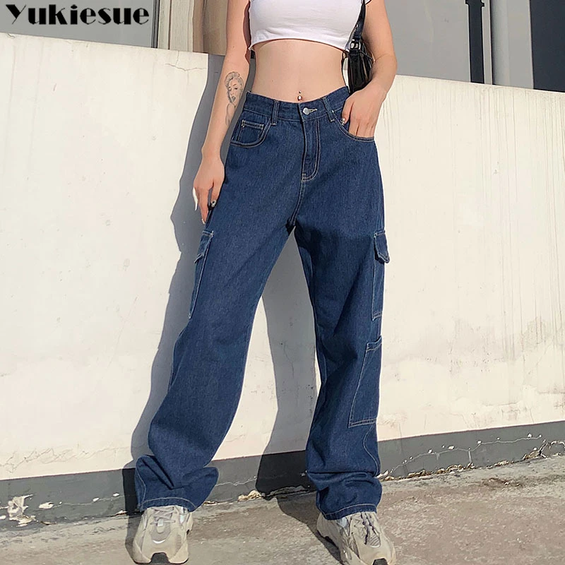 Fashion Loose Jeans Casual Work Pants women Hip Hop Jeans woman Cotton Trousers Big Pocket women Clothes Blue/black/white Jeans