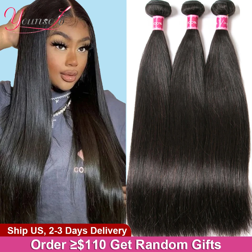 Younsolo Hair Brazilian Straight Human Hair Weaves Bundles Natural/Jet Black 1/3/4 Pcs Hair Extension 100% Human Hair Bundles