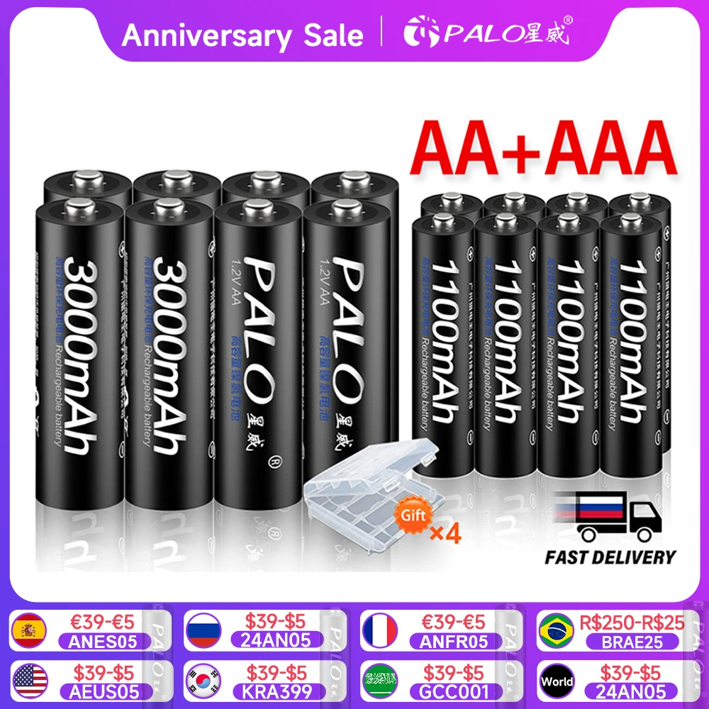 PALO 4Pcs 3000mAh 1.2V AA Rechargeable Batteries+4Pcs 1100mAh 1.2V AAA Battery NI-MH AA AAA Rechargeable Battery for Camera Toy