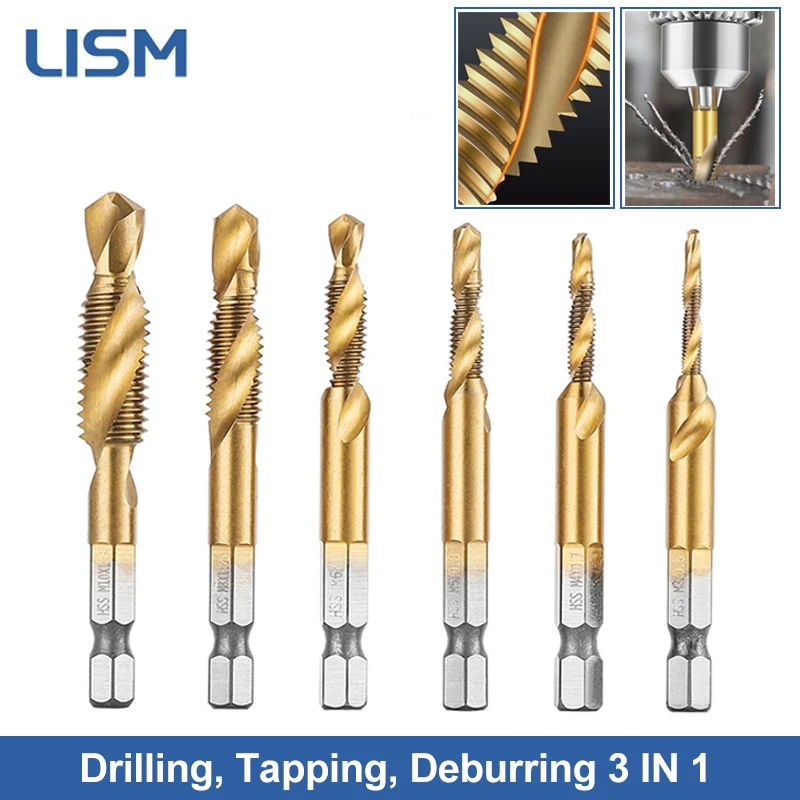 6pcs HSS Metric Thread Tap Drill Bits Set M3-M10 Hex Shank Titanium Drill Bit Plated Screw Compound Tap And Drill Hand Tools