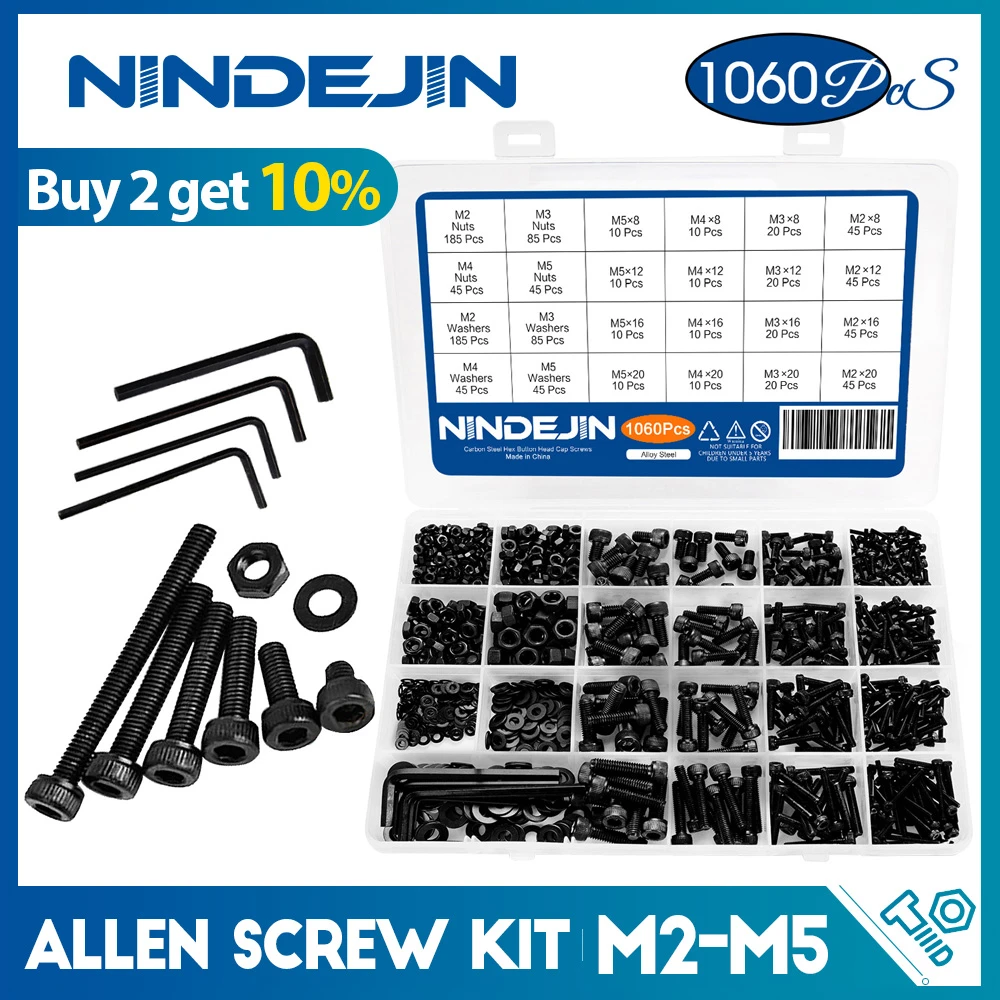 1060pcs M2 M3 M4 M5 Hex Socket Screw Set Carbon Steel Flat Round Cap Head Screws Bolts and Nuts Assortment Kit with Storage Box