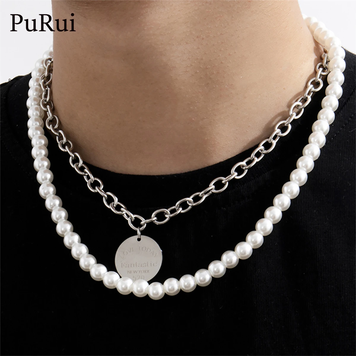 2021 INS Punk Hiphop Cuban Thick Chain Choker Necklace Set for Men Vintage Pearl Necklaces Carved Love Coin Pendant Jewelry Neck