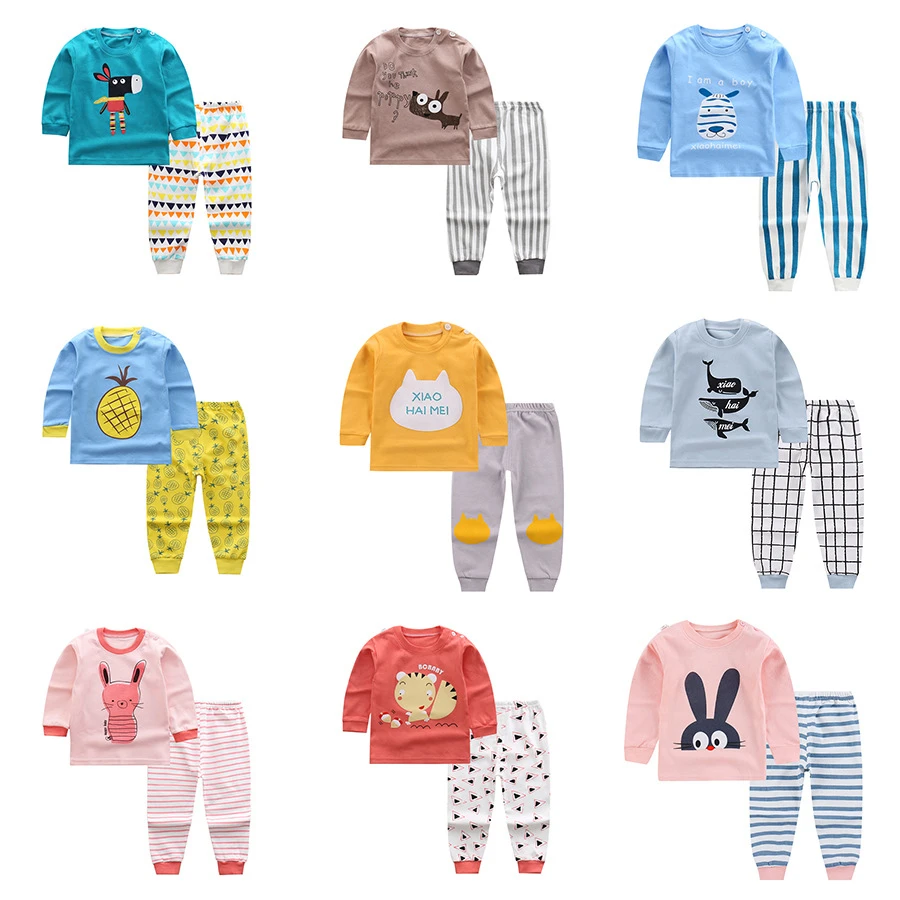 New Kids Boys Girls Pajama Sets Cartoon Print Long Sleeve O-Neck T-Shirt Tops with Pants Toddler Baby Autumn Sleeping Clothing