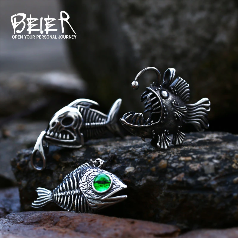Beier Stainless Steel Lantern Fish Pendant Chain Necklace men Jewelry BP8-671