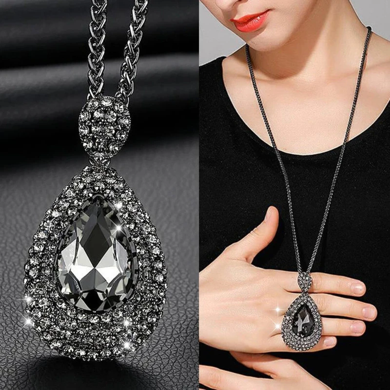 Luxury Long Chain Necklaces & Pendants for Women 2021 Fashion Waterdrop Gray Crystal Necklace Female Collier Femme Party Jewelry