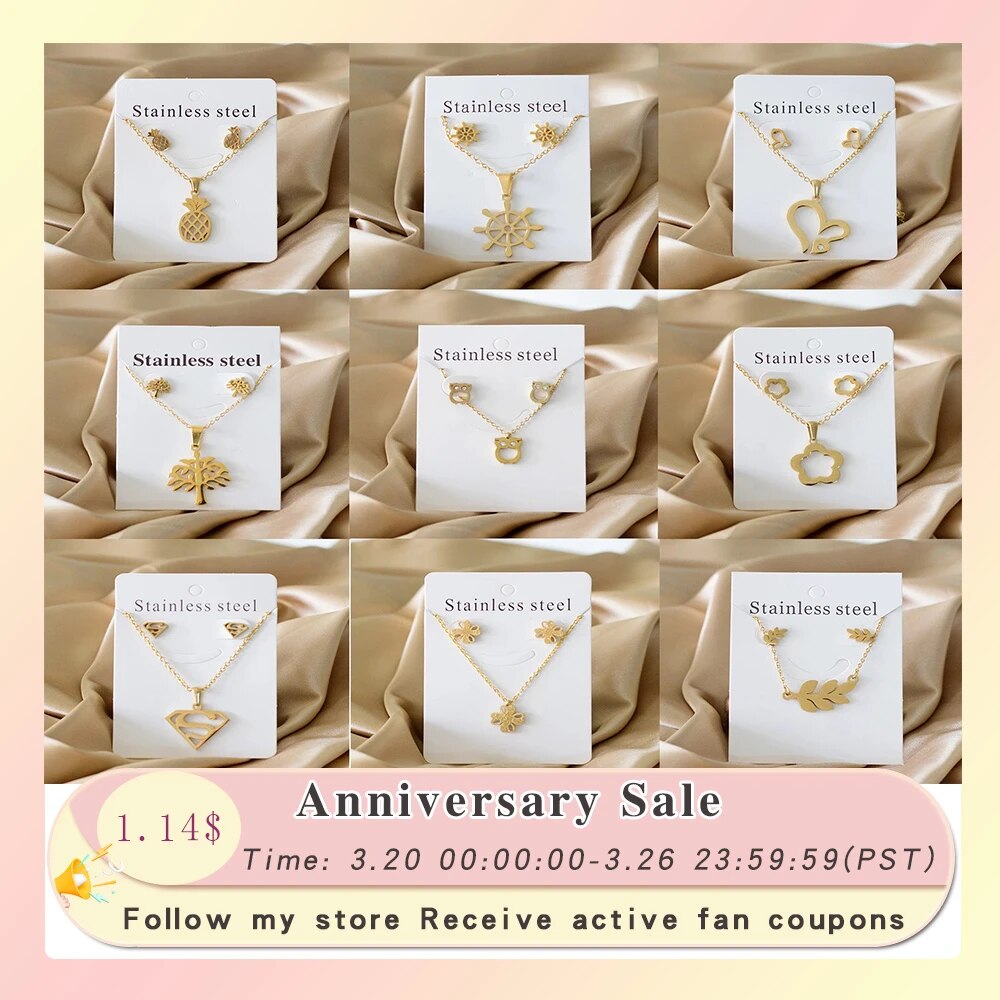 серьги Animals Plants Flowers Butterfly Pendant necklace earrings Sets Stainless Steel For Women Gold Color 2021 Trendy Wholesal