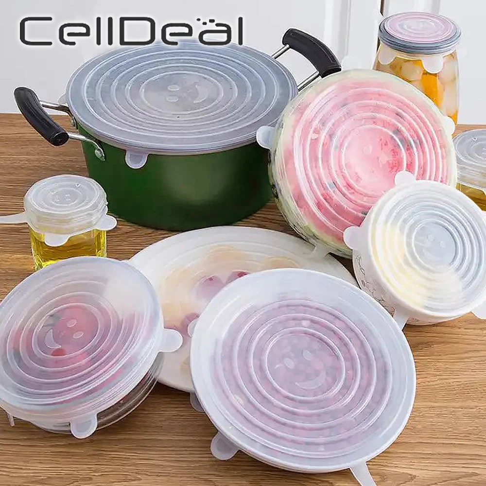 6Pcs Universal Silicone Cover Cap Food Fresh Keeping Lids Adjustable Cookware Bowl Cup Mug Stretch Wrap Seal Lids Reusable Cover