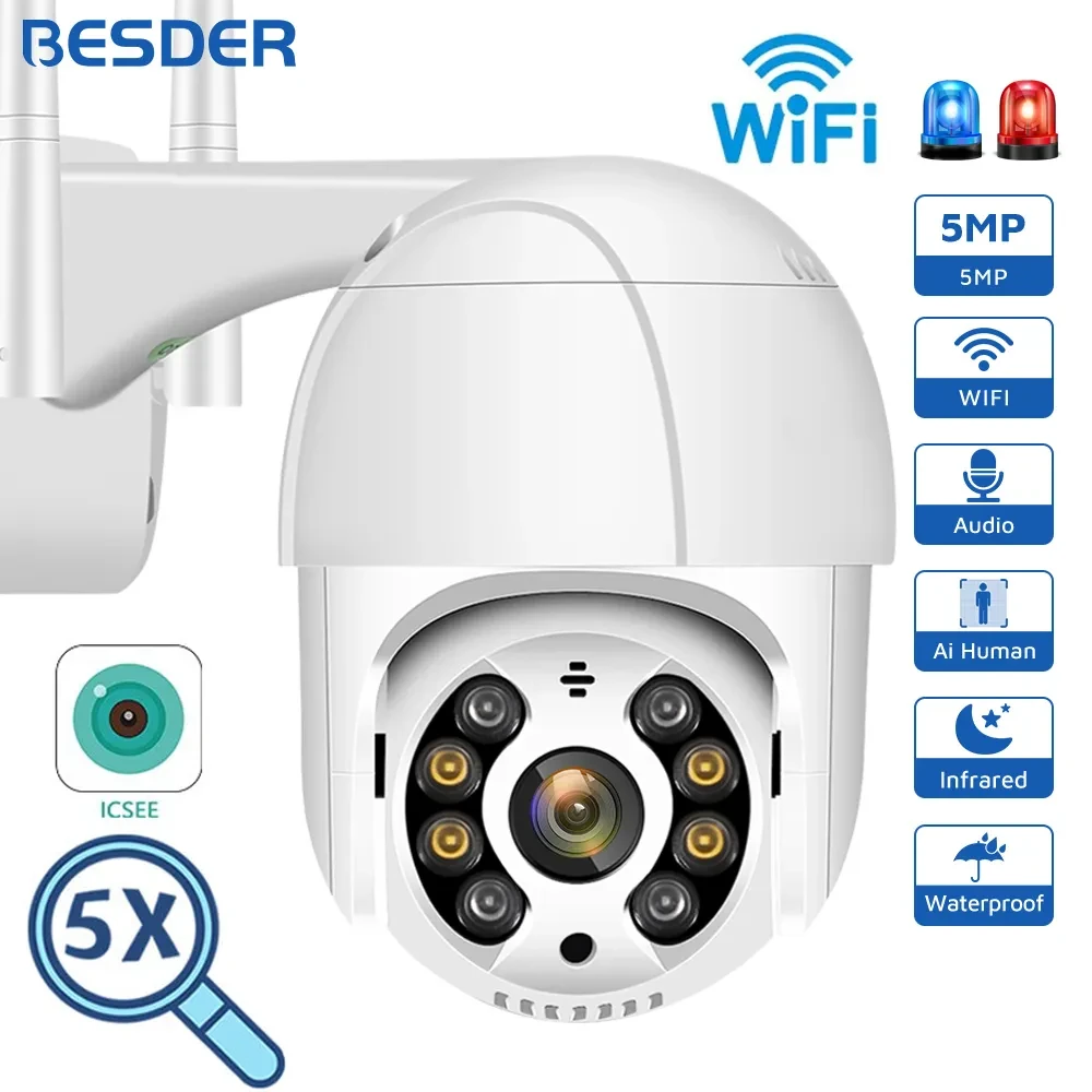 5MP PTZ IP Camera Wifi Outdoor AI Human Detection Audio 1080P Wireless Security CCTV Camera P2P RTSP 4X Digital Zoom Wifi Camera