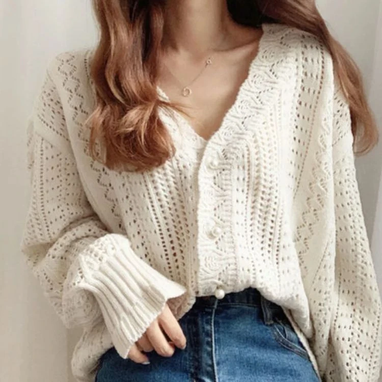 H.SA 2021 Women Spring Summer Knit Cardigans Low V-Neck Knit Tops Long Sleeve Flare Hollow Out Sexy Cardigan Loose White Tops