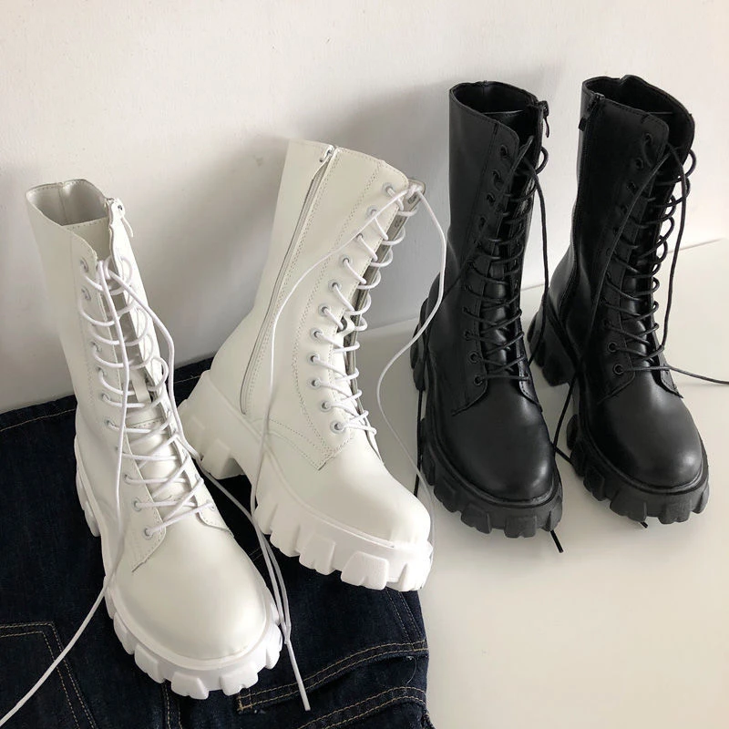 2021 New Mid Calf Boots Women Autumn Winter Fashion Lace-up Zipper Botas Mujer Boots Sports Platform Heel Ladies Shoes