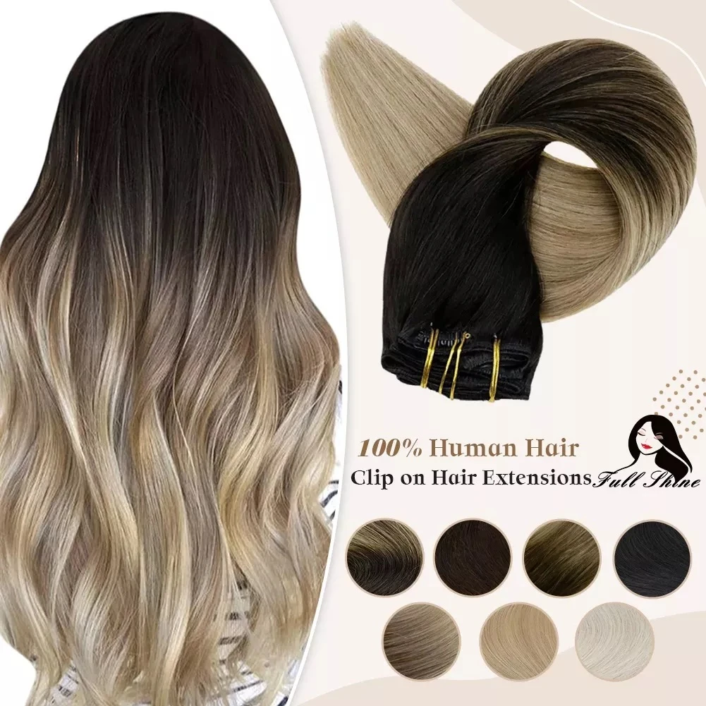 Full Shine Clip In Human Hair Extensions Balayage Ombre Blonde Black Hairpins 7pcs 120g Double Weft 100% Machine Remy For Woman